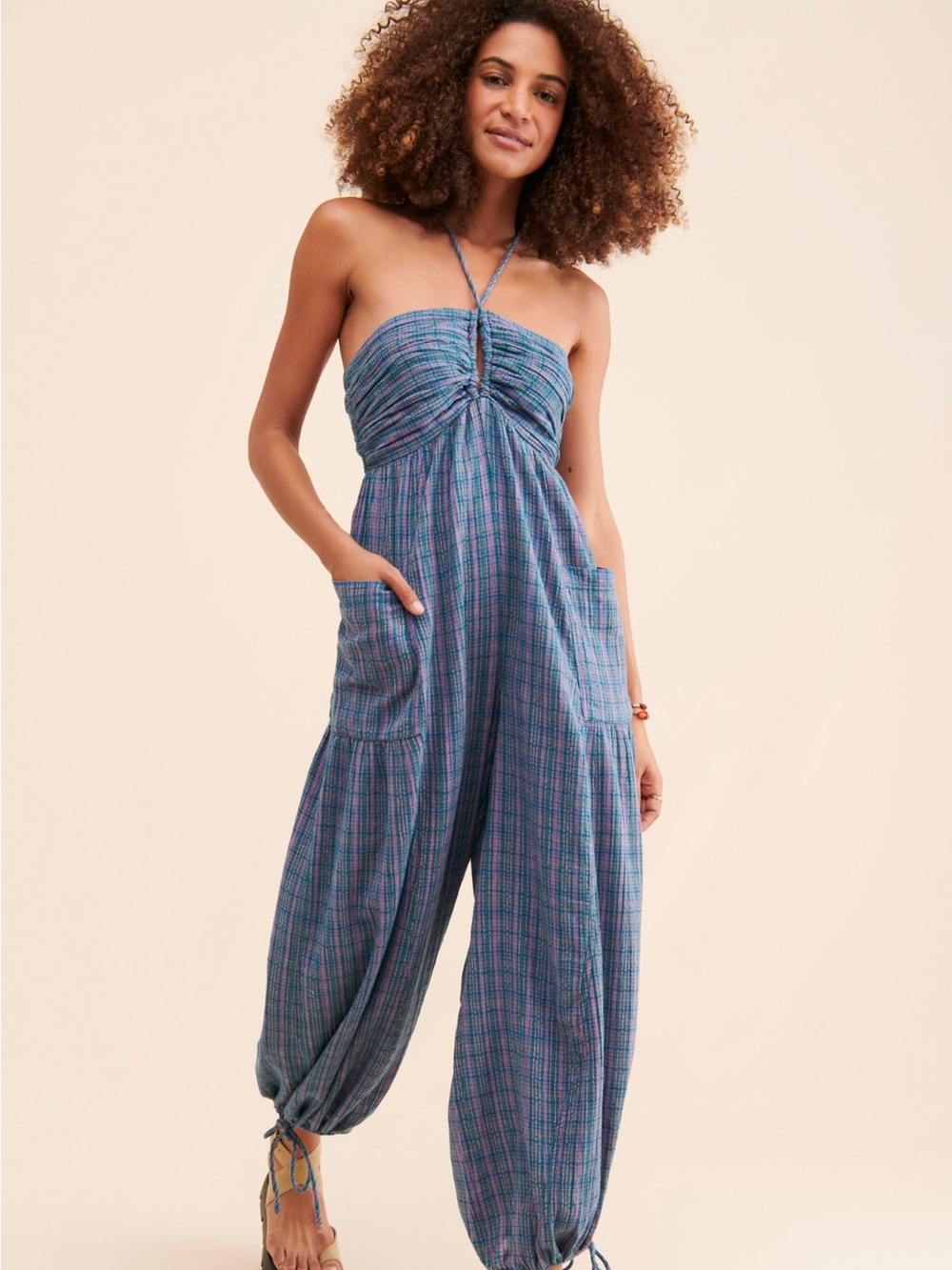 Free People Blue Plaid Halter Harem Jumpsuit